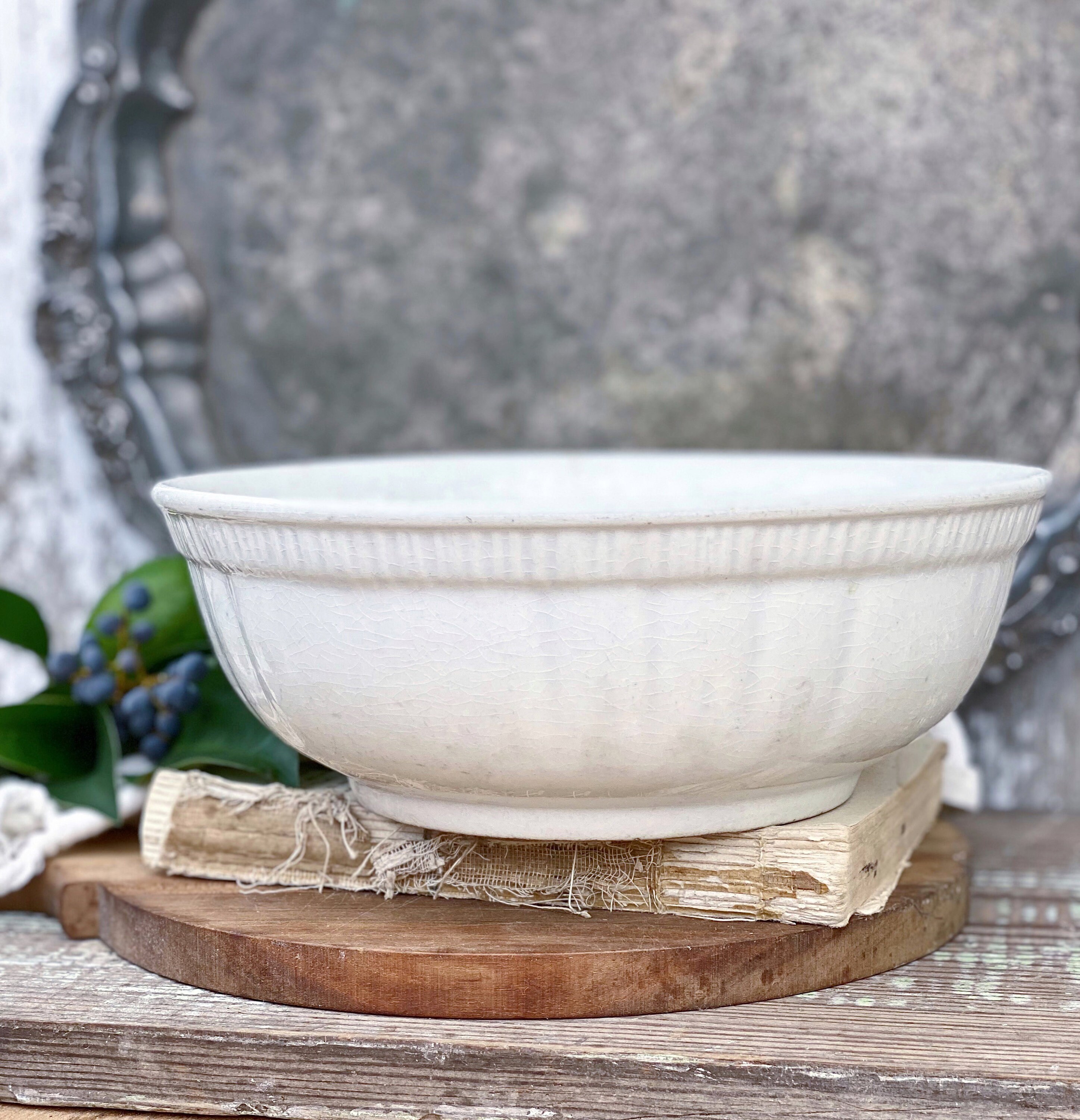 Antique White Ironstone Bowl Lady Finger Scallop Footed Royal Ironstone