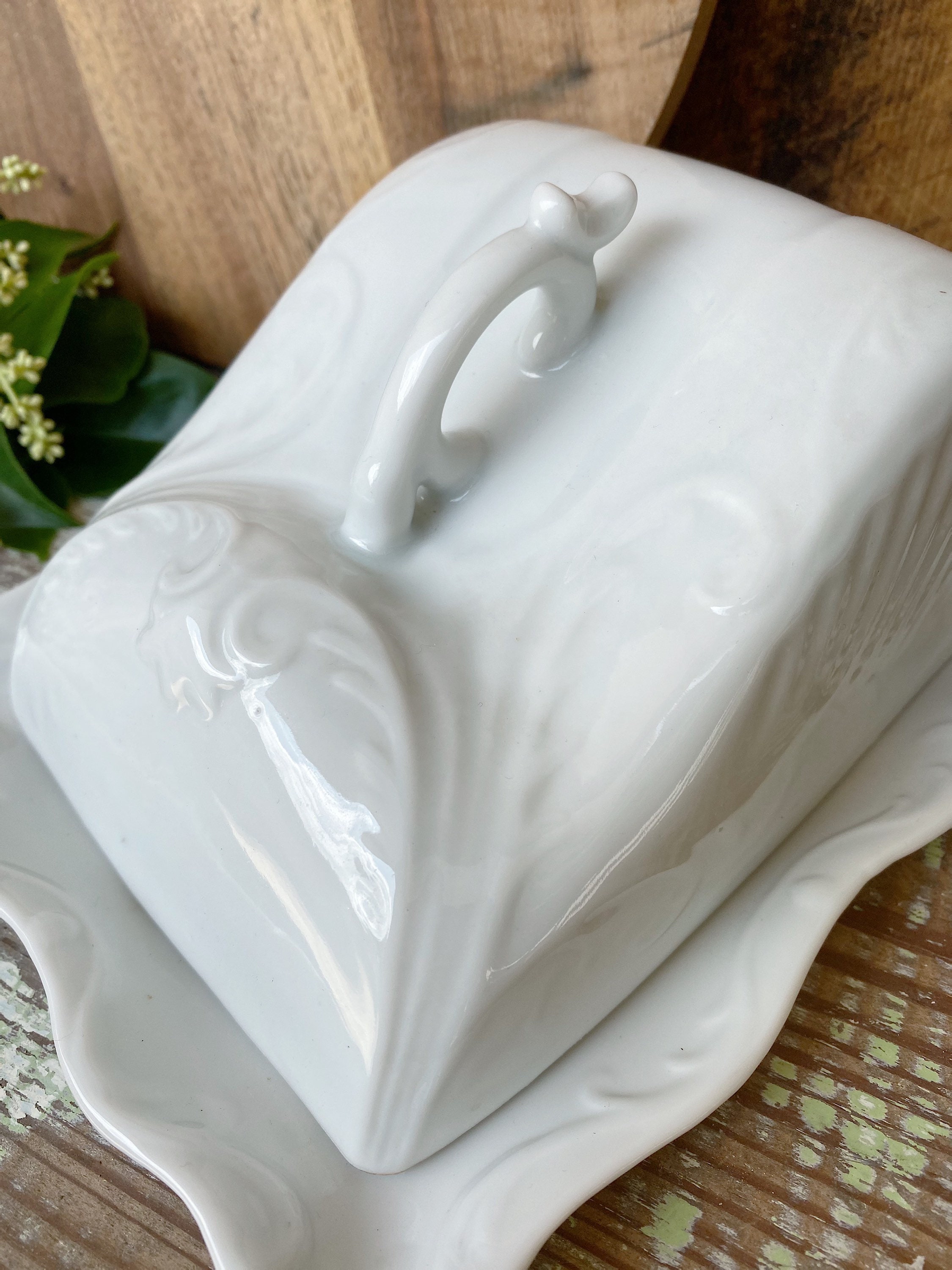 Antique White Ironstone Cheese Cover Dome Lid With Platter