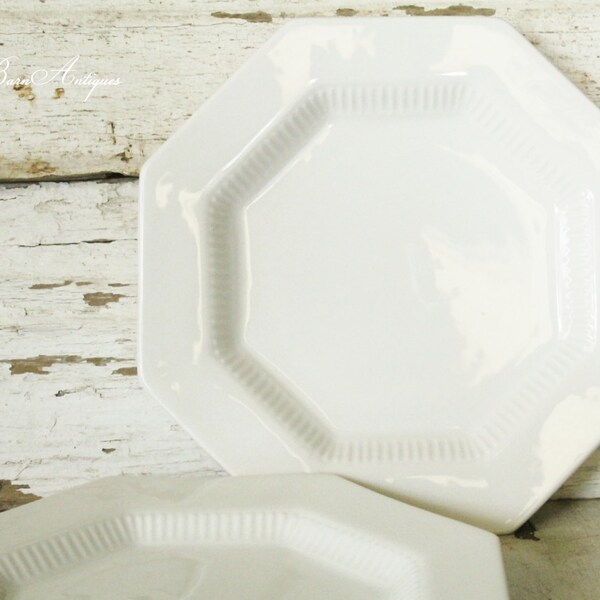 Antique Vintage Creamy White Ironstone INDEPENDENCE Set of 2 Octagon Salad Dessert Plate Dish Farmhouse French Country Chic