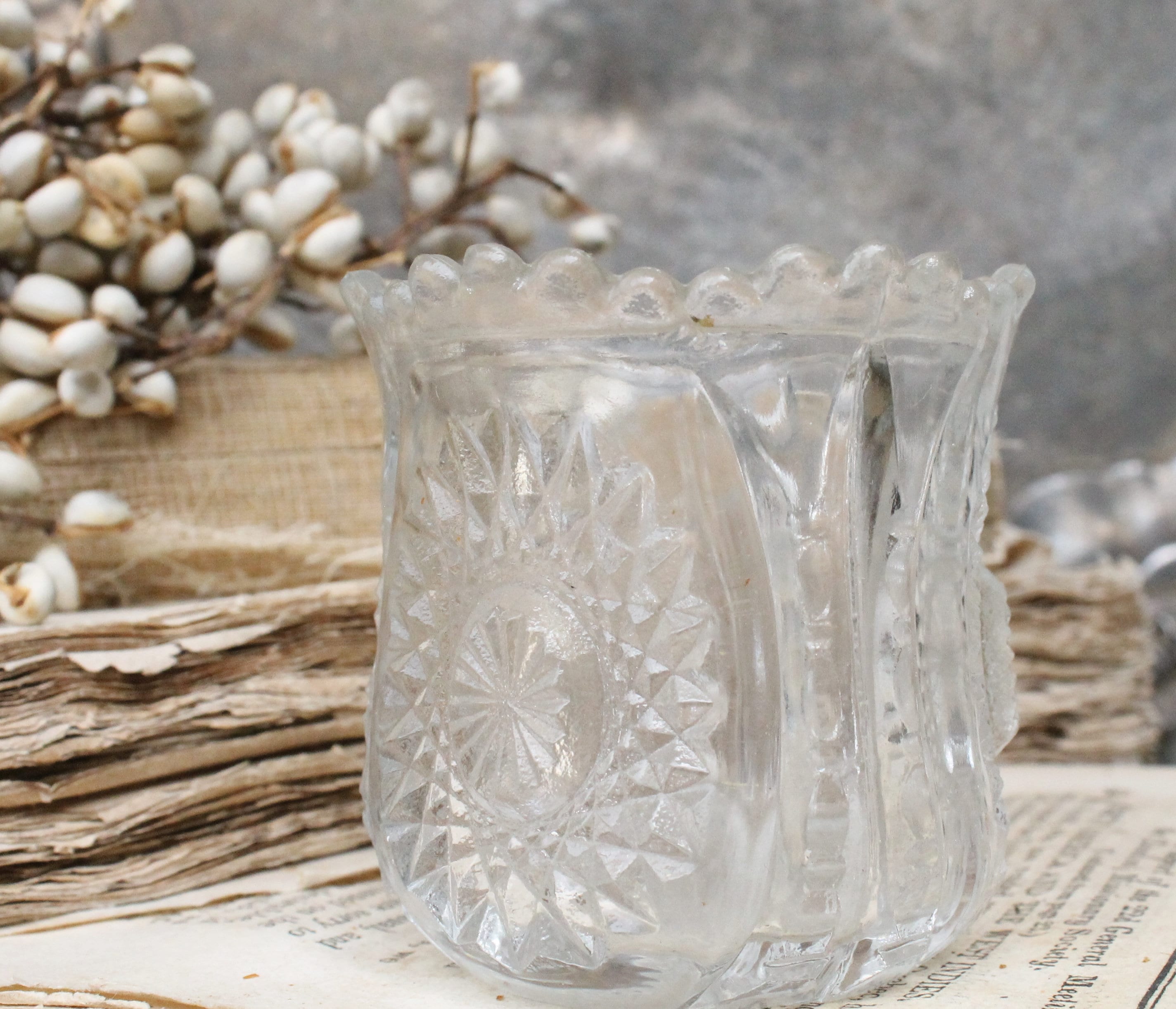 Antique Cut Glass Toothpick Holder Scallop French Country Farmhouse Decor