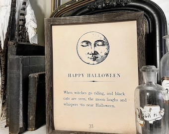 HAPPY HALLOWEEN Vintage Book Page Sign Wood Frame Moon Primitive Fall Decor October 31