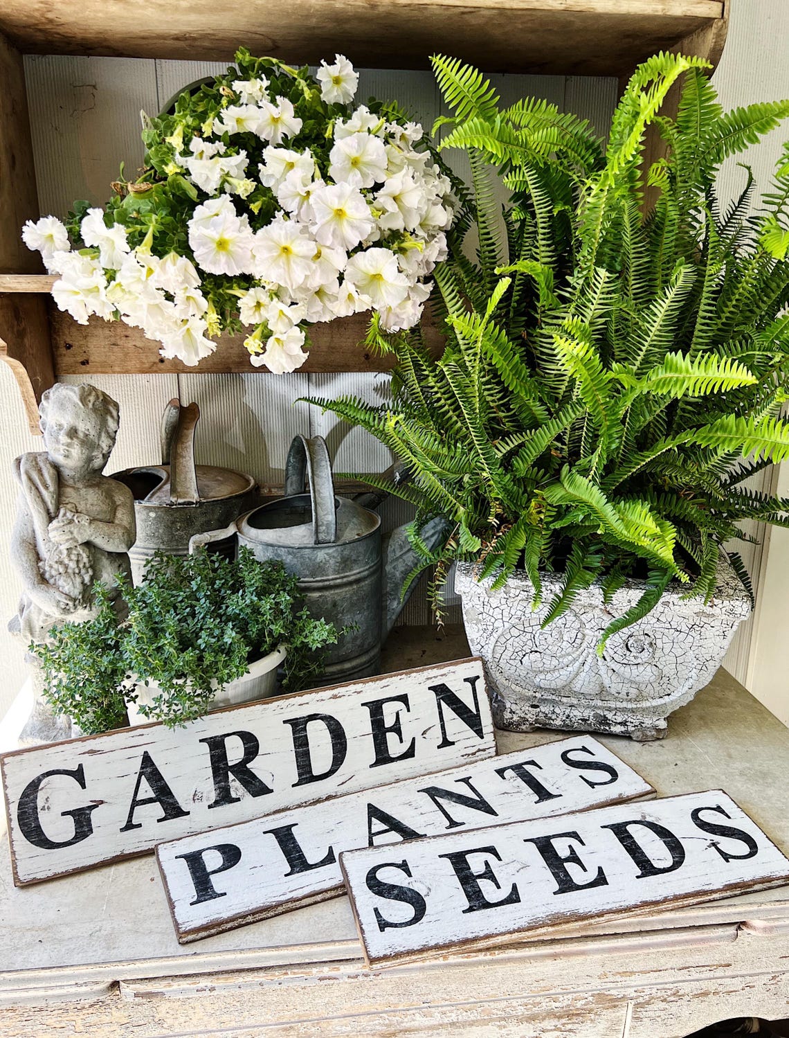 GARDEN Sign Salvage Barn Wood Farmhouse Decor Reclaimed White Chippy ...