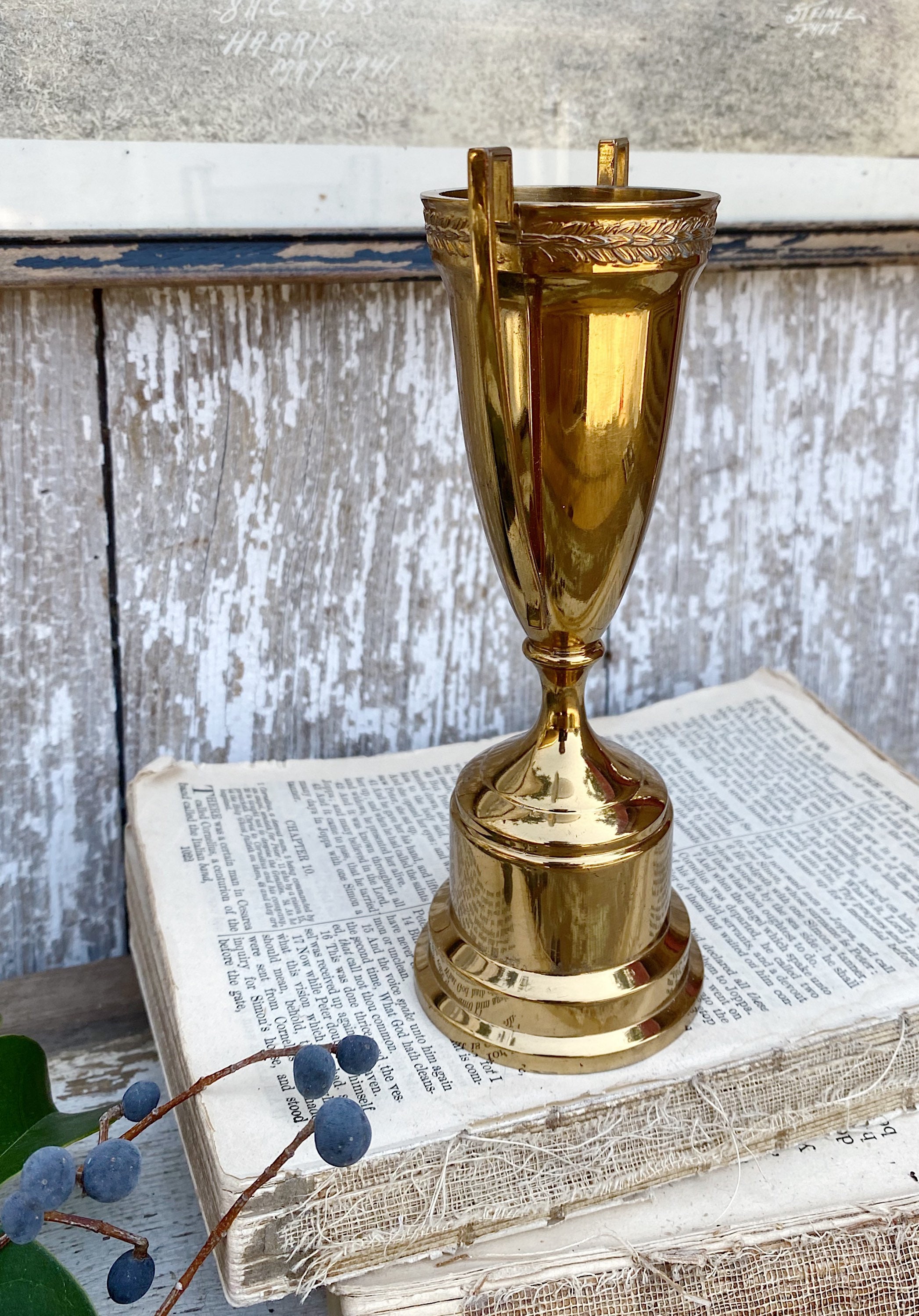 Antique Loving Cup Trophy Copper Brass Engraved Farmhouse Decor