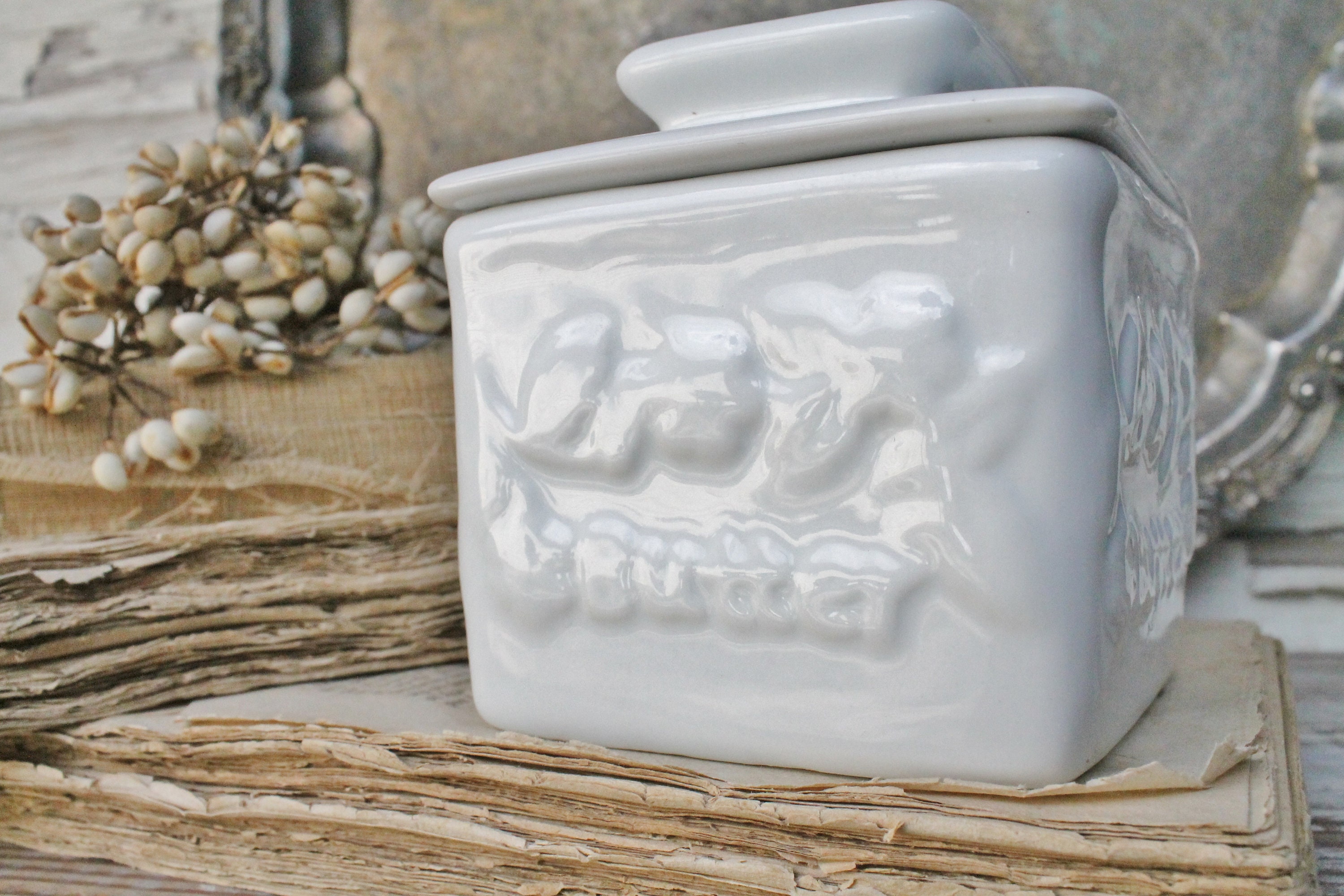 Vintage White Ironstone Butter Bell SQUARE Jar Crock with Lid