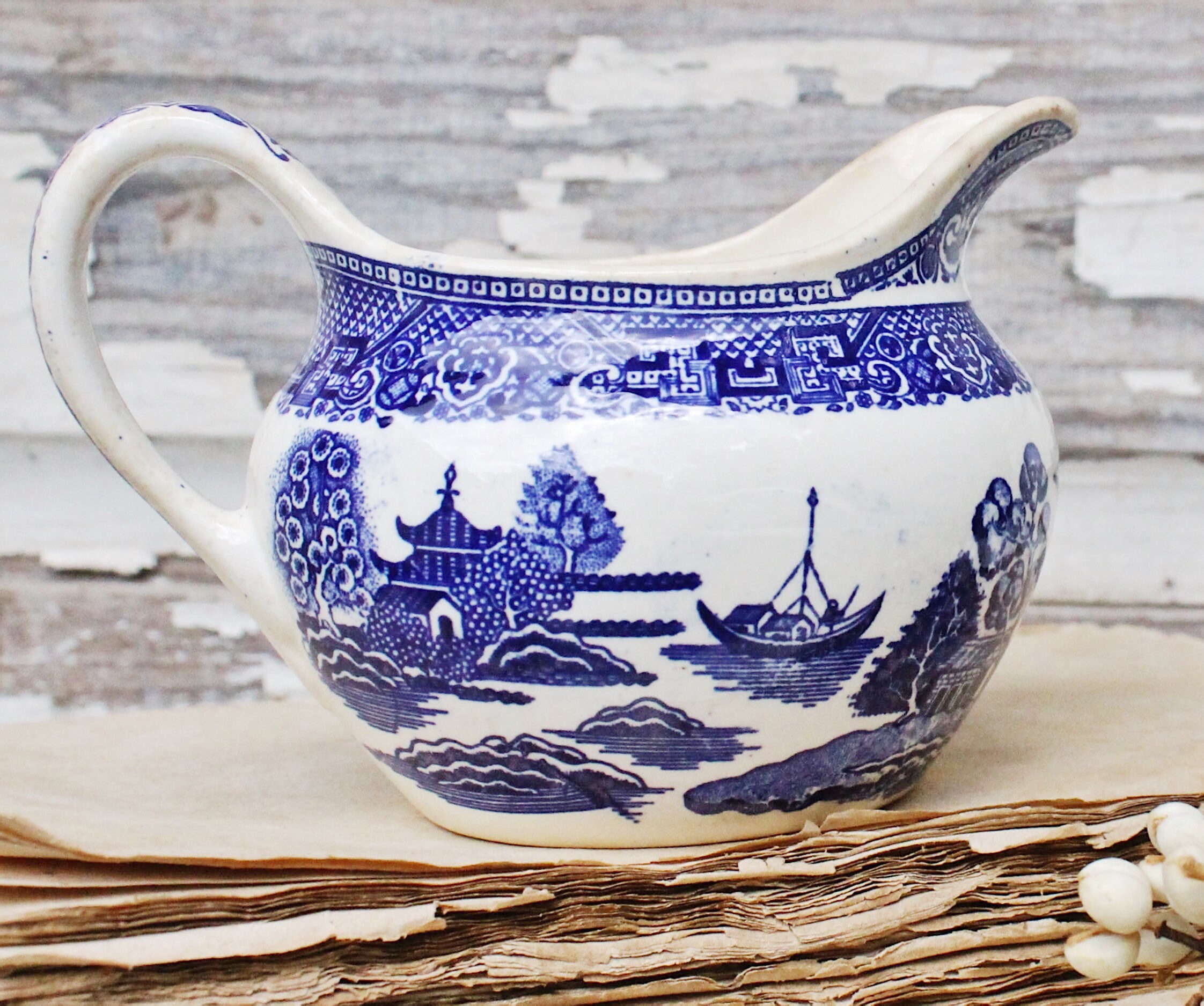 Antique Ironstone Creamer Blue Willow Flow Blue Pitcher Farmhouse