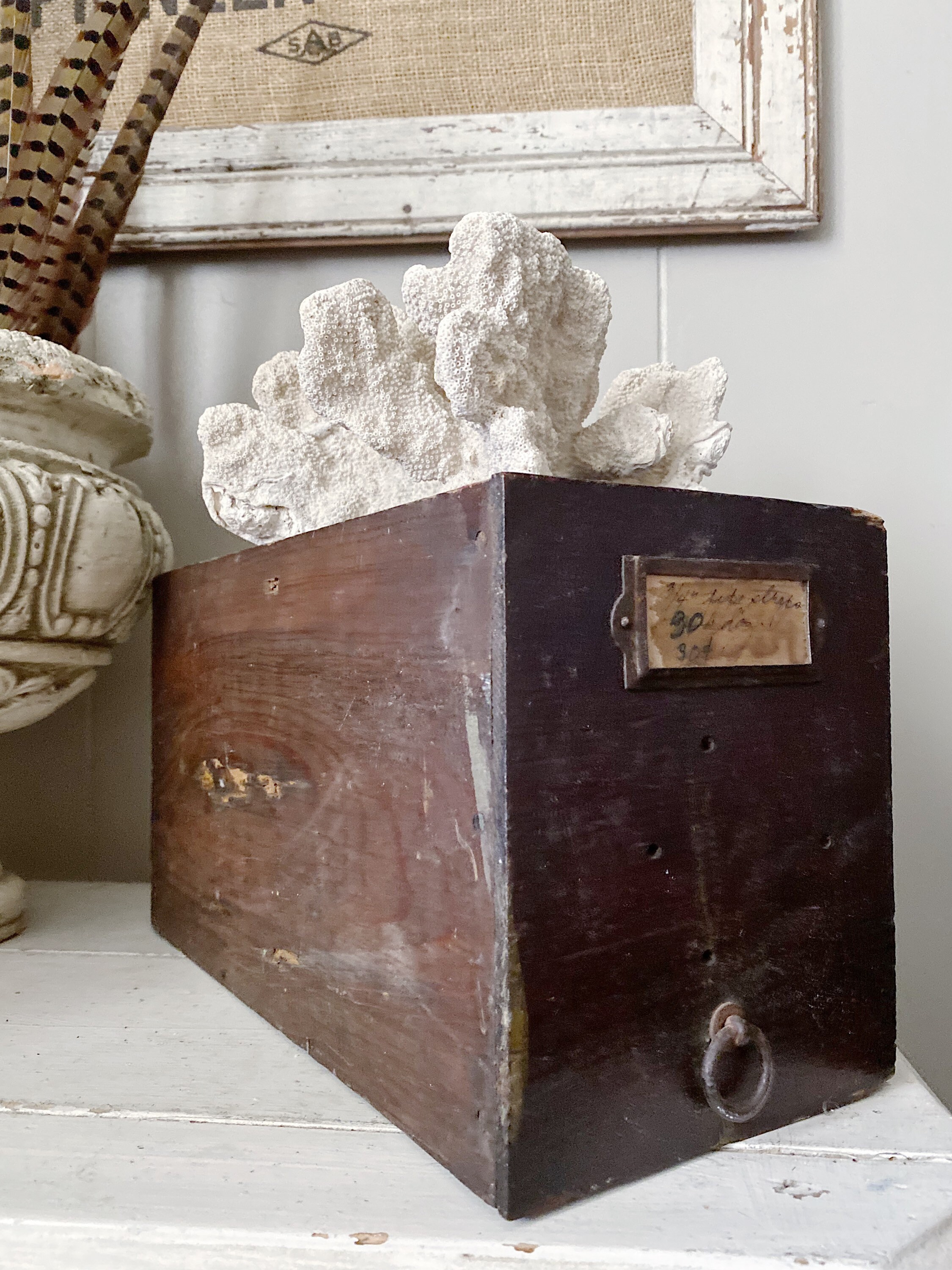 Antique Primitive Wooden File Drawer Box Metal Hardware Farmhouse Decor