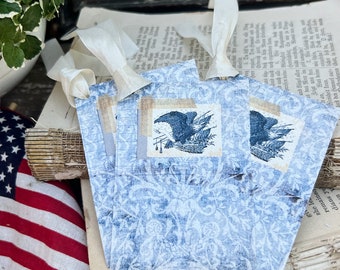 EAGLE PATRIOTIC STAMP Blue Damask Vintage Gift Tags Americana Farmhouse Decor Card Set of 8 usa