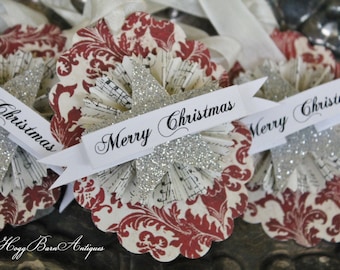 MERRY CHRISTMAS Gift Tags Vintage French Red Damask Oval Silver Glitter Star Paper Rosette Medallion Ornament