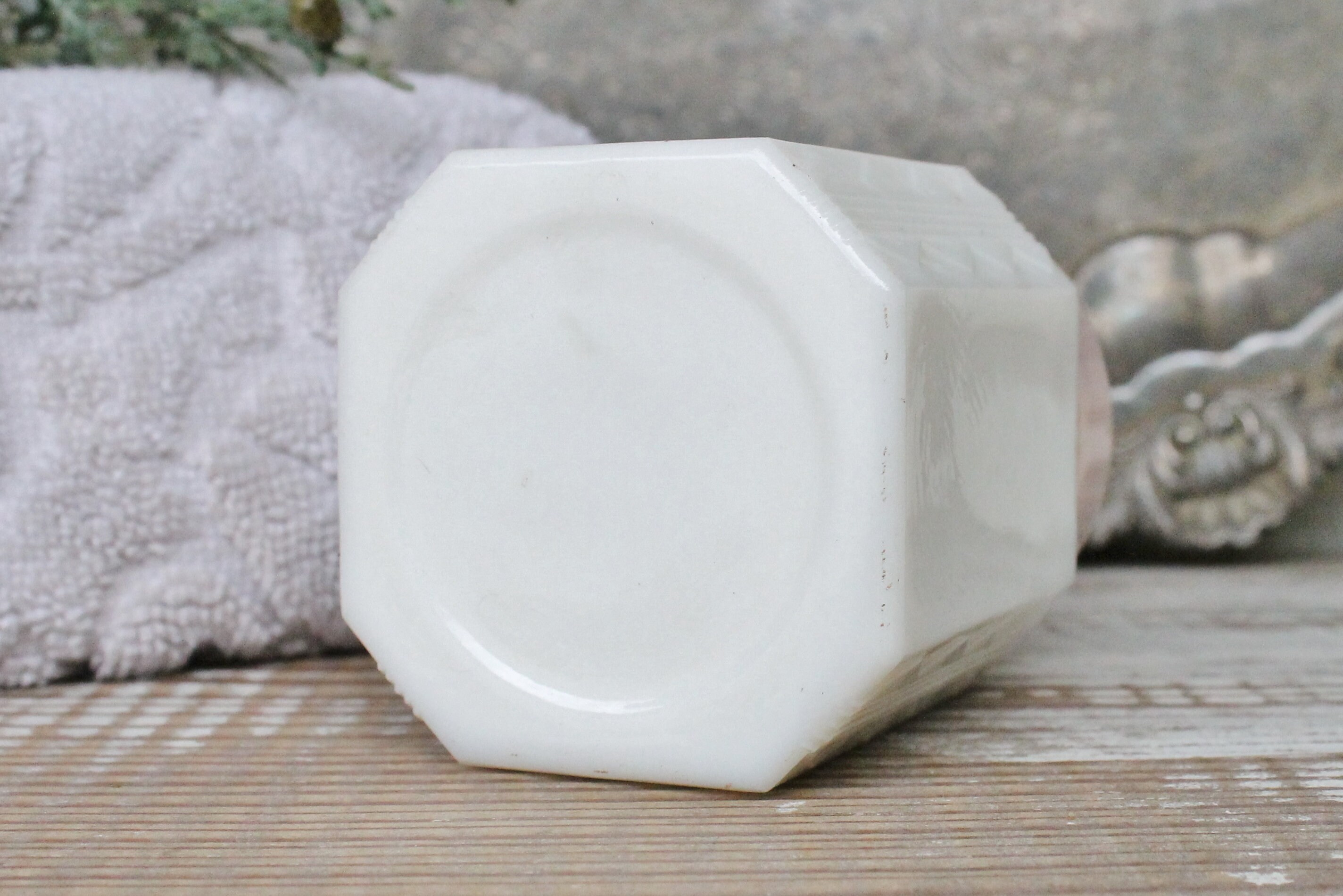 Vintage White Milk Glass Jar Vanity Jar with PINK Lid Farmhouse Decor Vanity Fixer Upper Decor