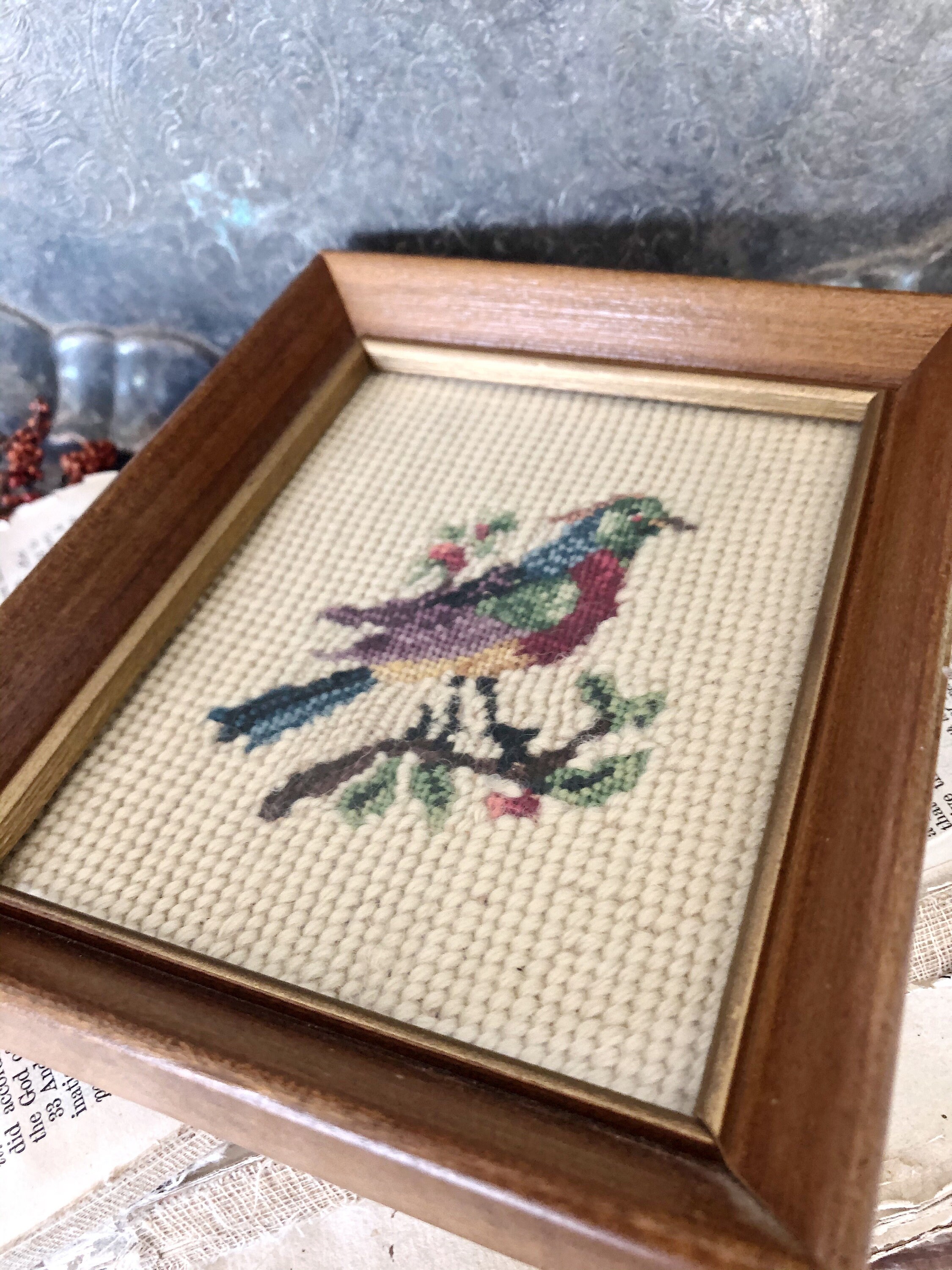 Antique Needlepoint Framed Yarn Wall Hanging Wool Farmhouse Decor Bird