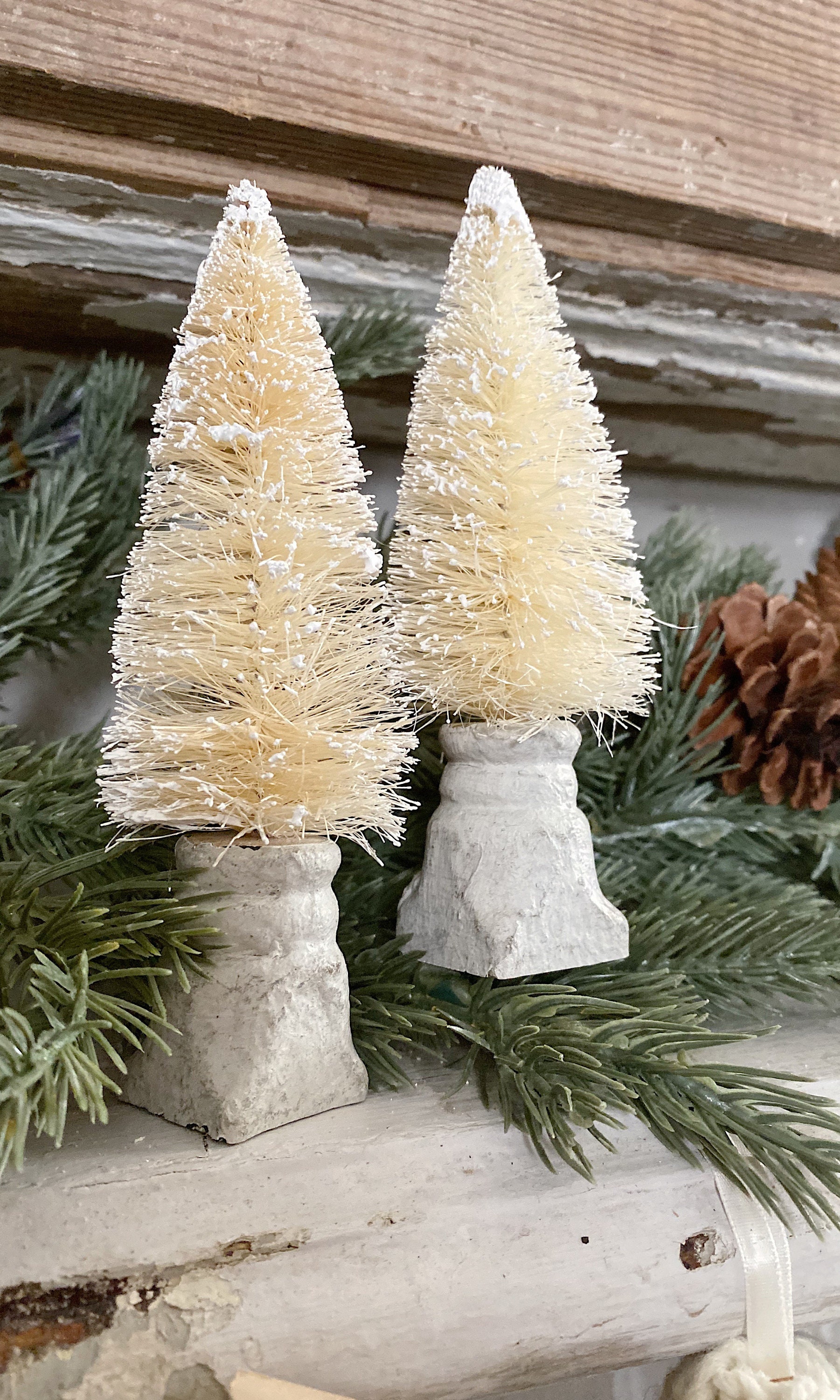 Christmas Bottle Brush Tree Salvaged Wood Base WHITE Flocked Tree