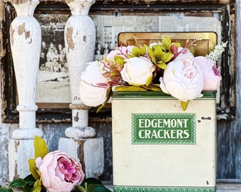 Antique EDGEMONT CRACKER Can Tin Canister GREEN White Metal Box Vintage Farmhouse Christmas Decor