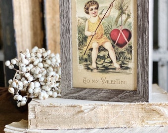 VALENTINE Cupid Fishing Framed Sign Farmhouse Decor Barn Wood Rustic