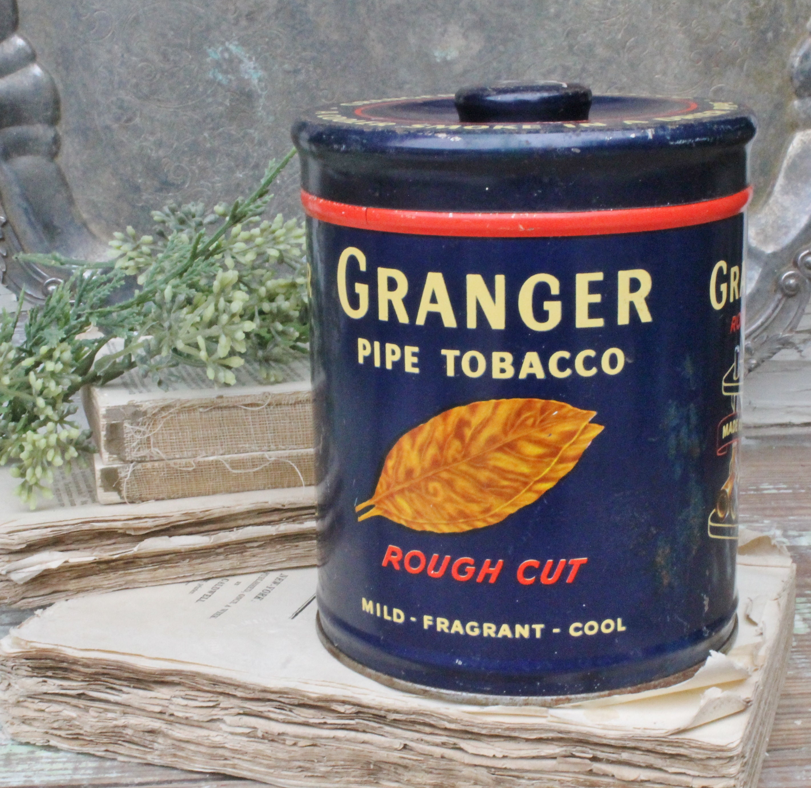 Antique GRANGER Pipe Tobacco Tin Canister Box Farmhouse Decor Fixer Upper Decor