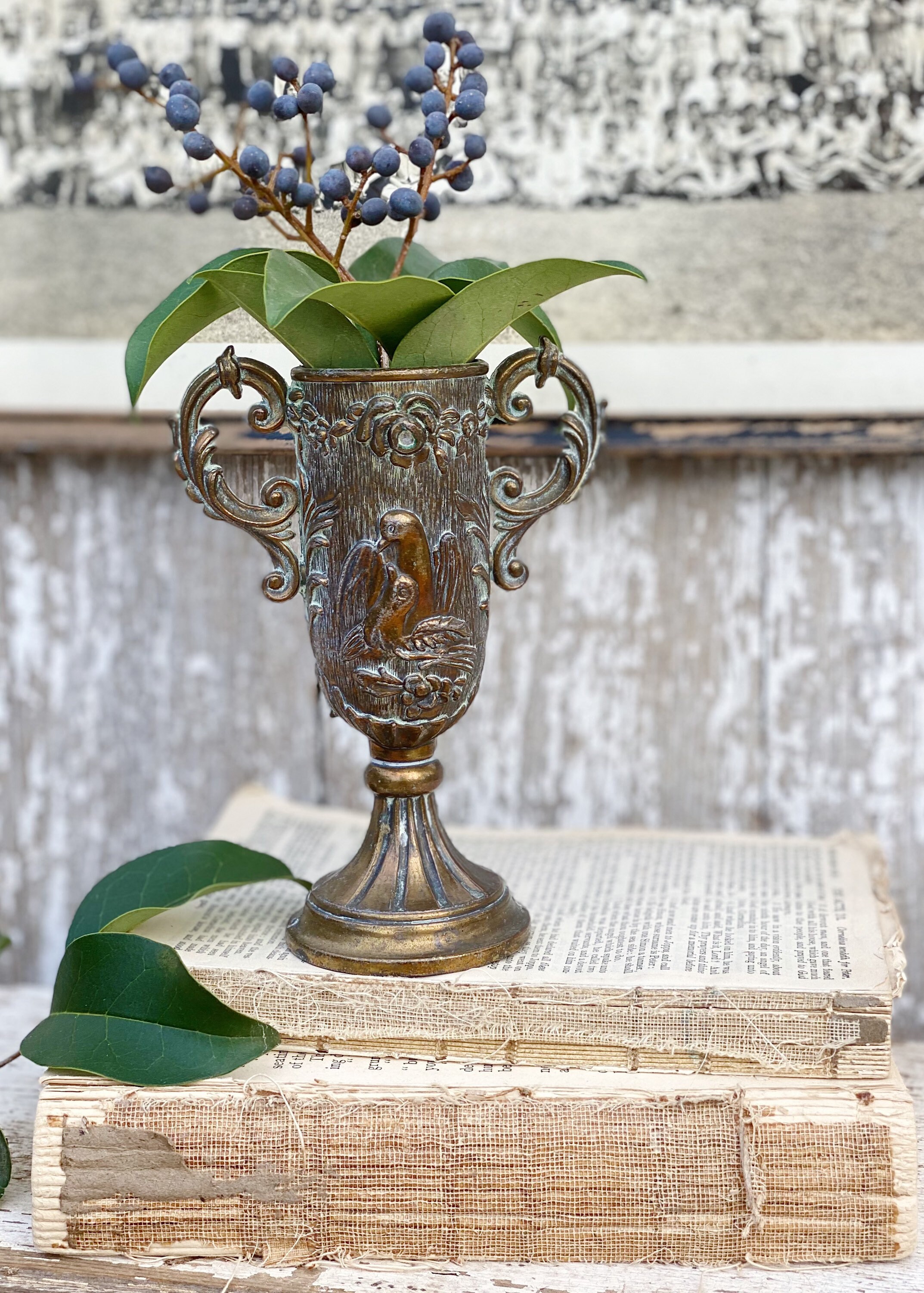Antique BIRD Trophy Loving Cup Vase Floral Farmhouse Decor Italy Aged Brass