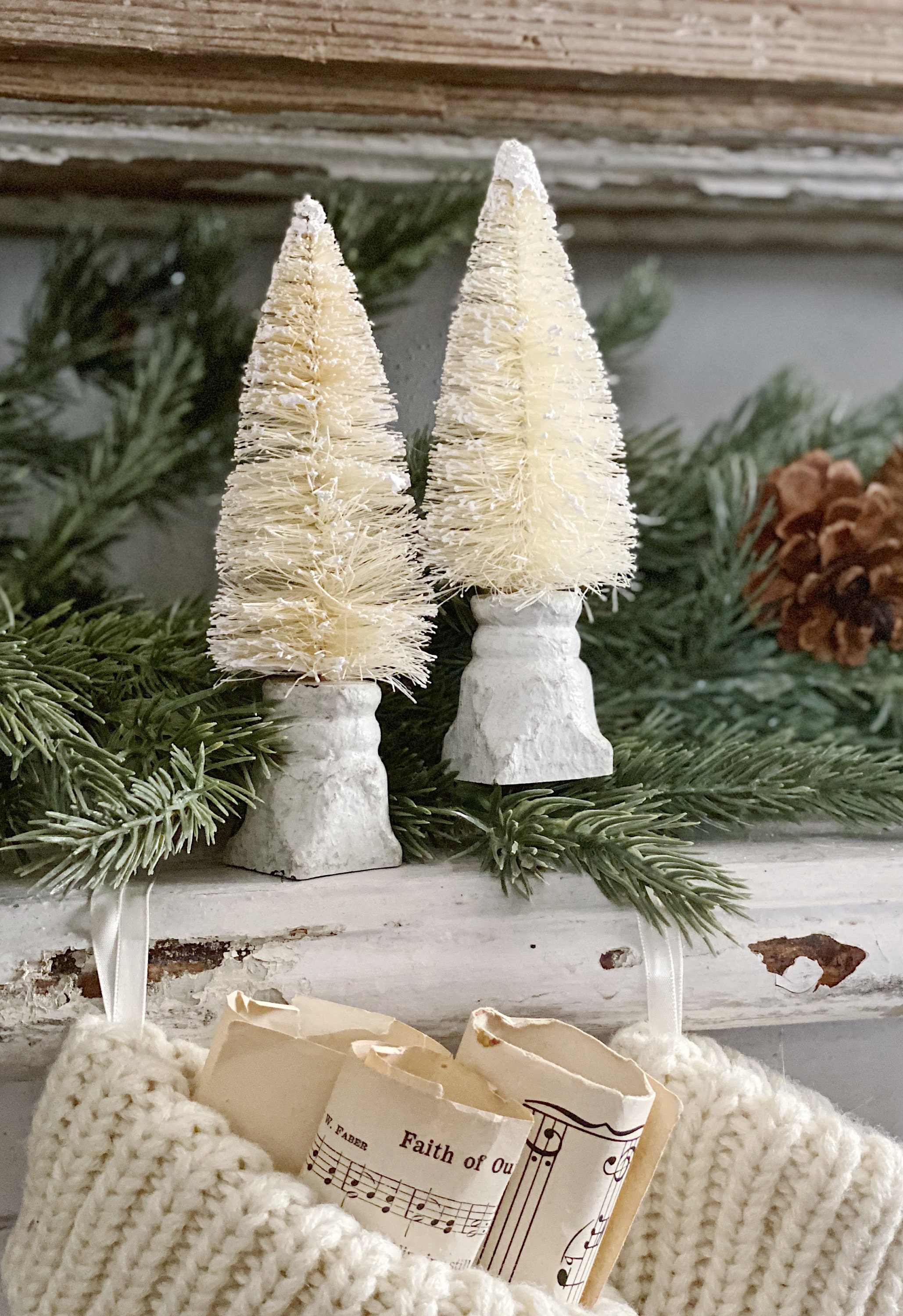 Christmas Bottle Brush Tree Salvaged Wood Base WHITE Flocked Tree