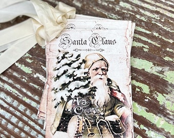 Christmas Gift Tags Vintage SANTA CLAUS with Tree Farmhouse Christmas Decor Christmas Card French Shabby Gift Wrap