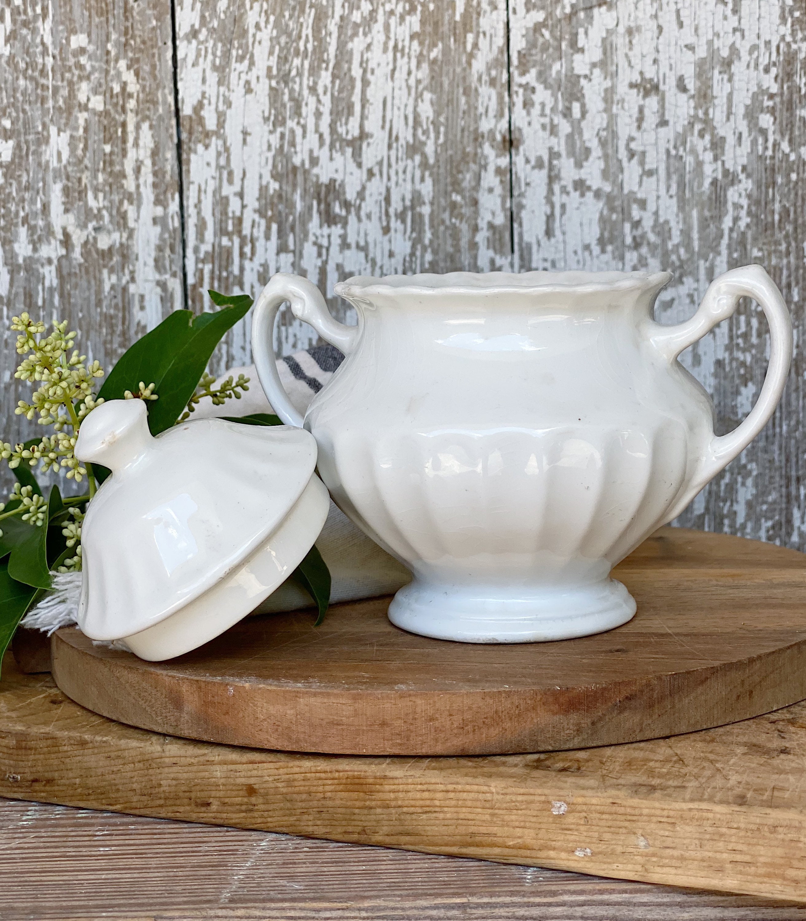 Antique White Sugar Bowl MEAKIN Farmhouse Decor Fixer Upper Decor