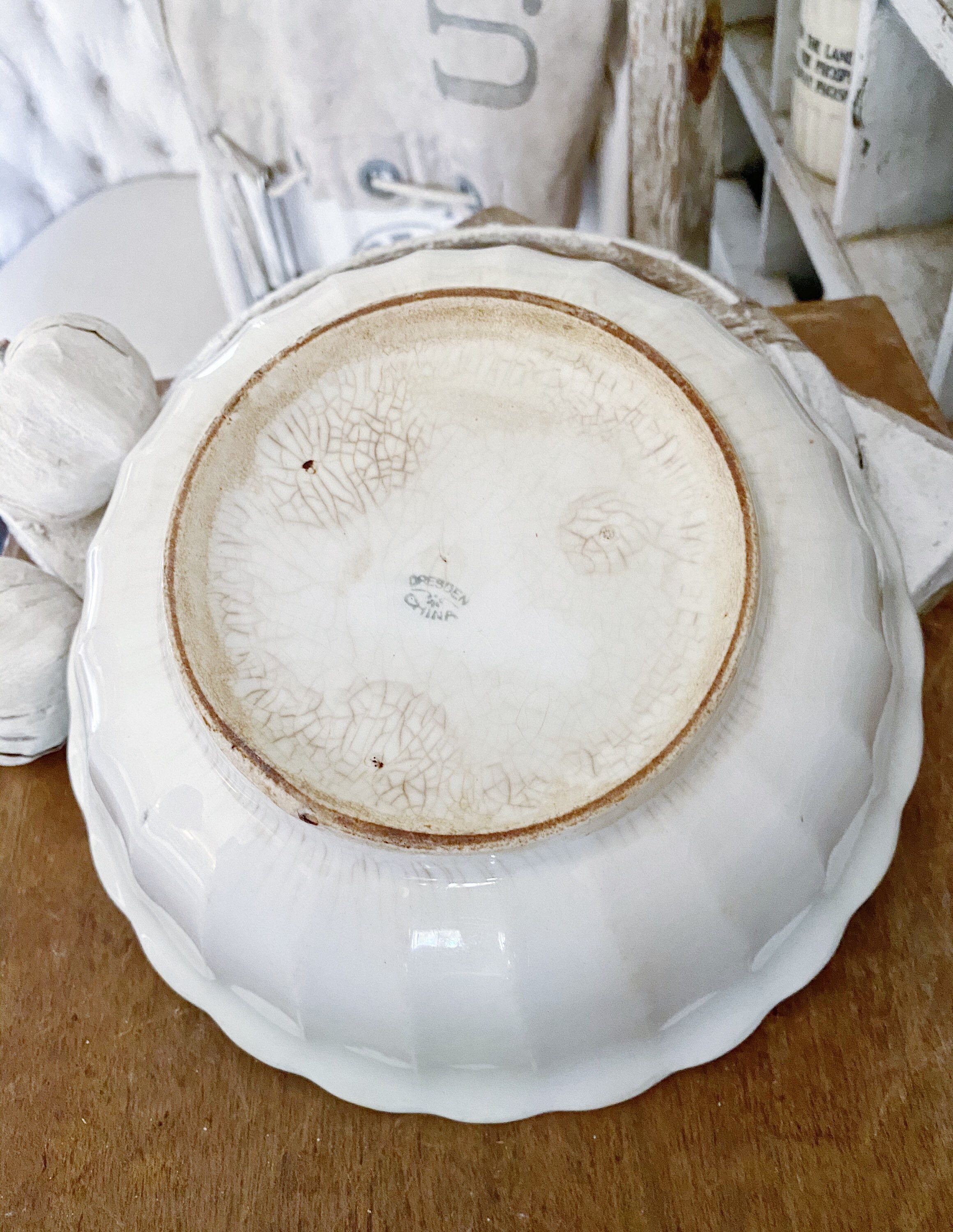 Antique White Ironstone Bowl Lady Finger Scallop Footed Royal Ironstone