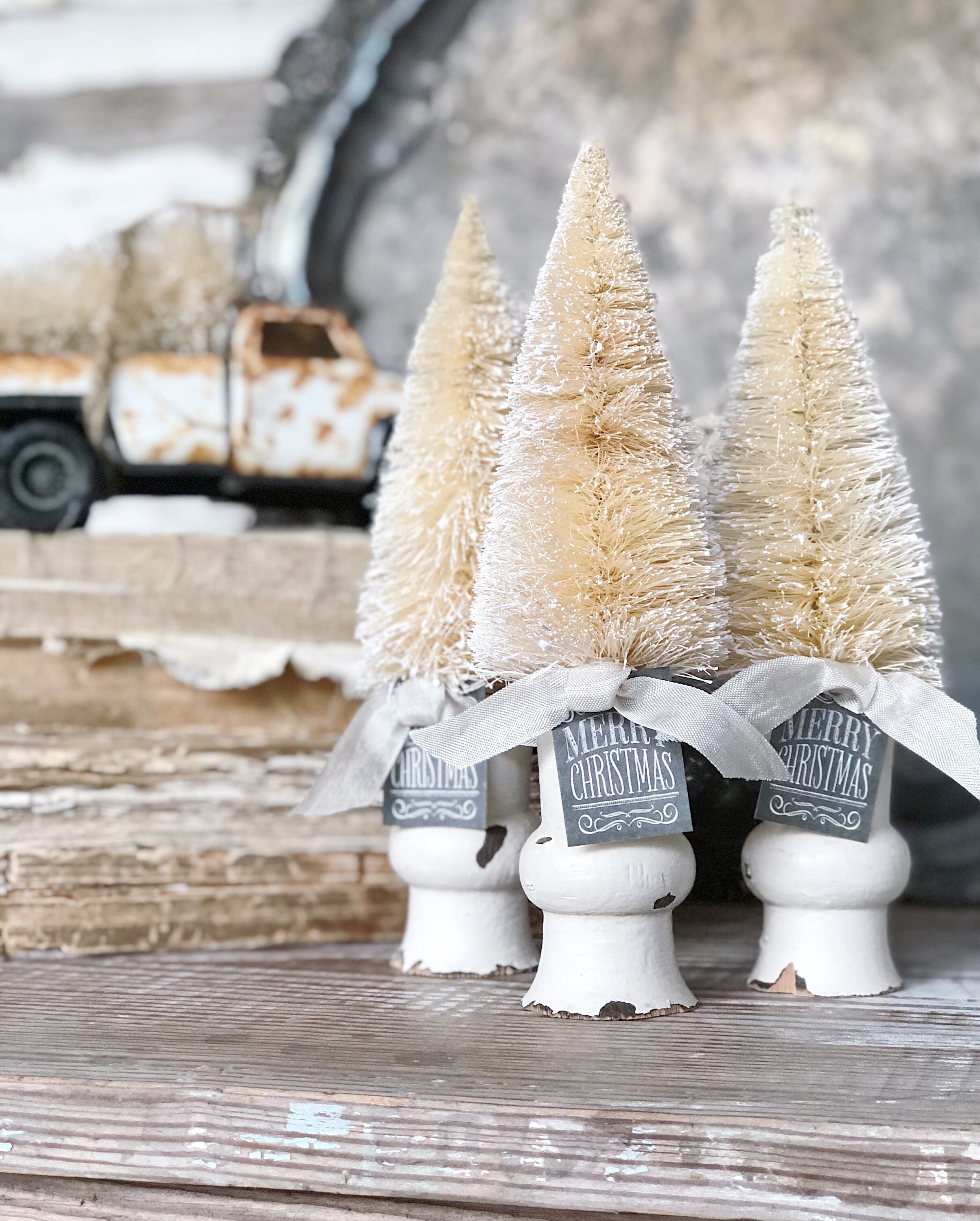 Christmas Bottle Brush Tree With Salvaged Wood Base WHITE Flocked Tree