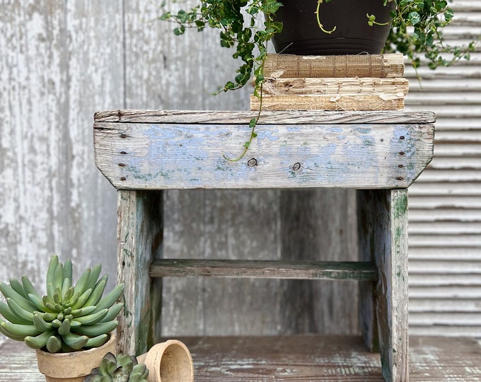 Featured listing image: Antique Wood Bench Chippy BLUE GREEN Paint Stool Farmhouse Primitive Vintage Decor