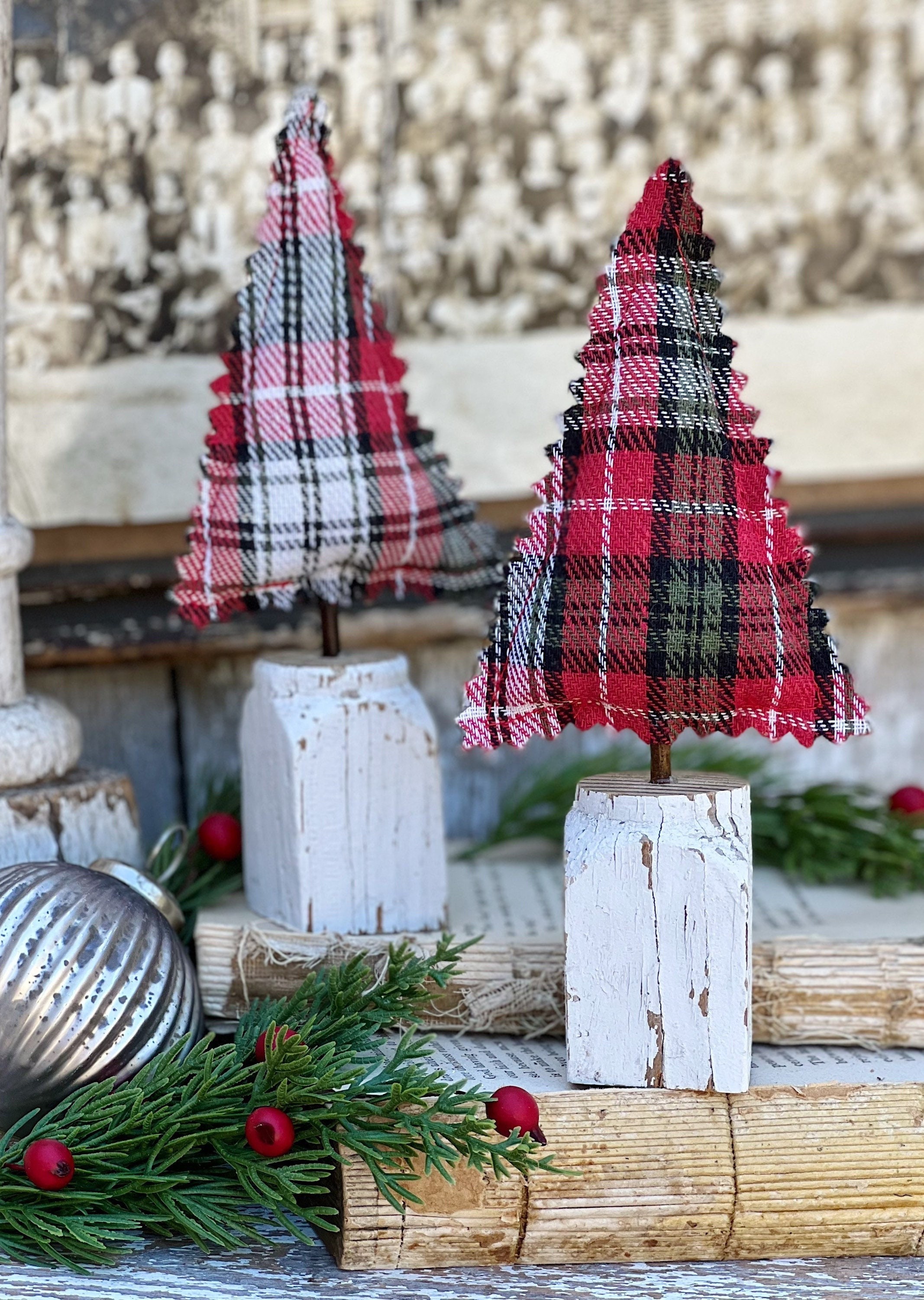 Christmas Bottle Brush Tree Salvaged Wood Base WHITE MINI Flocked Tree  Vintage Antique Architectural Chippy Farmhouse Christmas Decor 