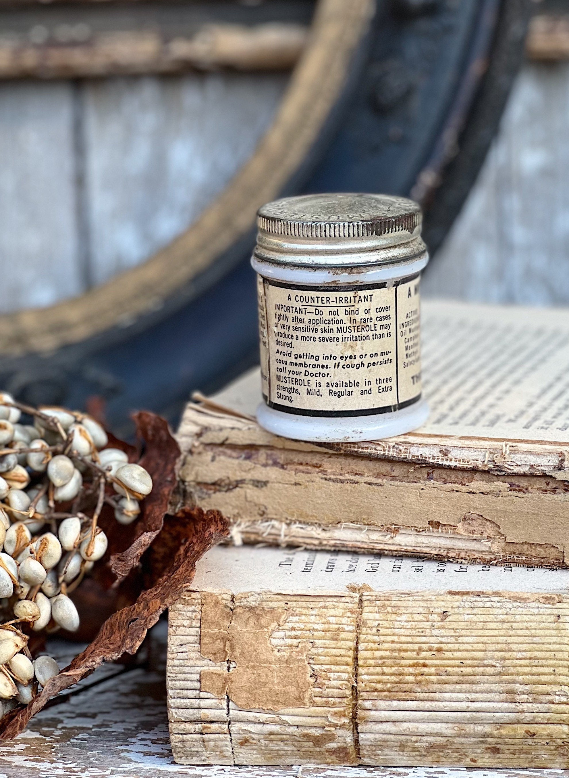 Antique Musterole Milk Glass Jars with Tin Lids