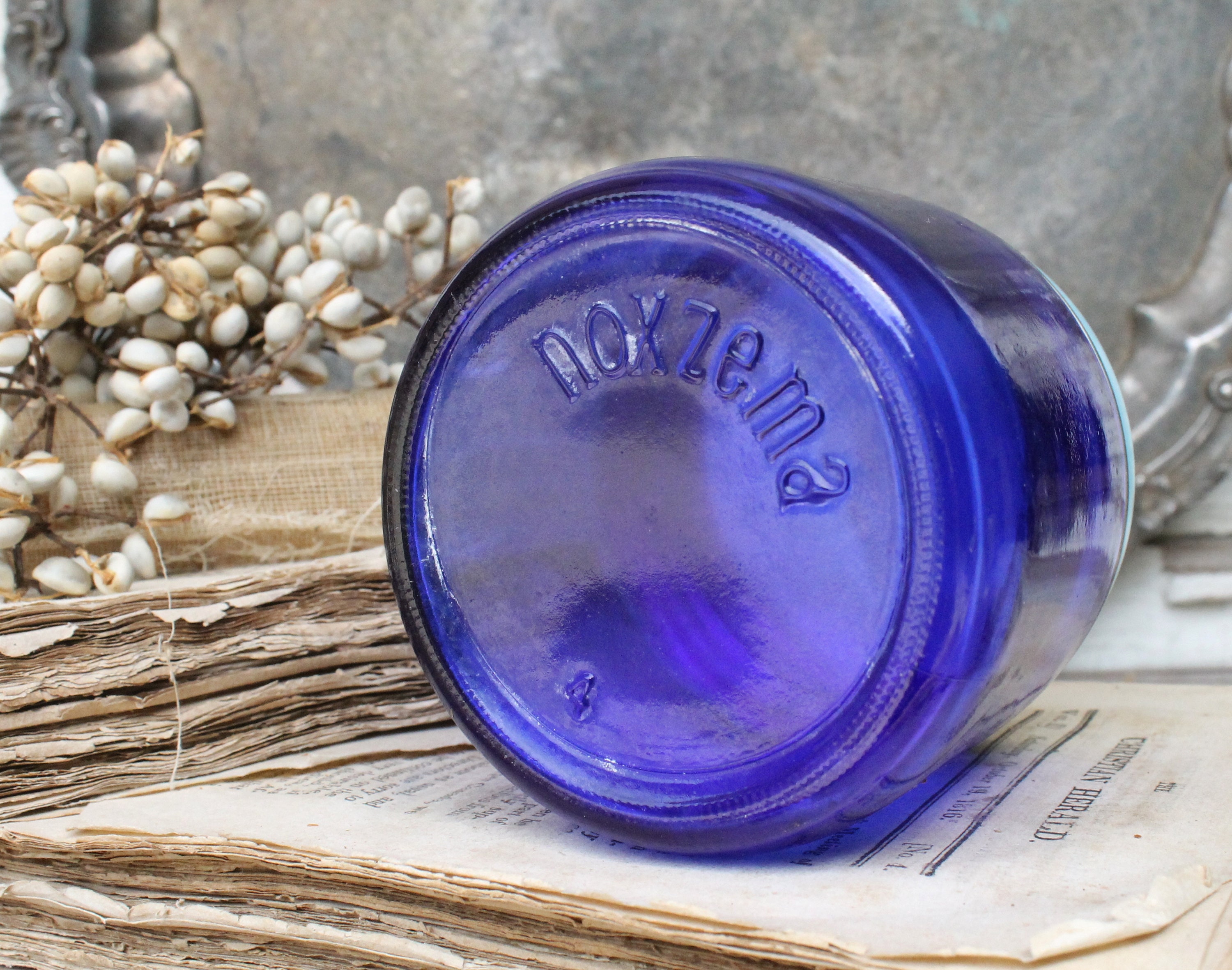 Vintage NOXZEMA Glass Jar COBALT BLUE Noxzema Shaving Lid Farmhouse
