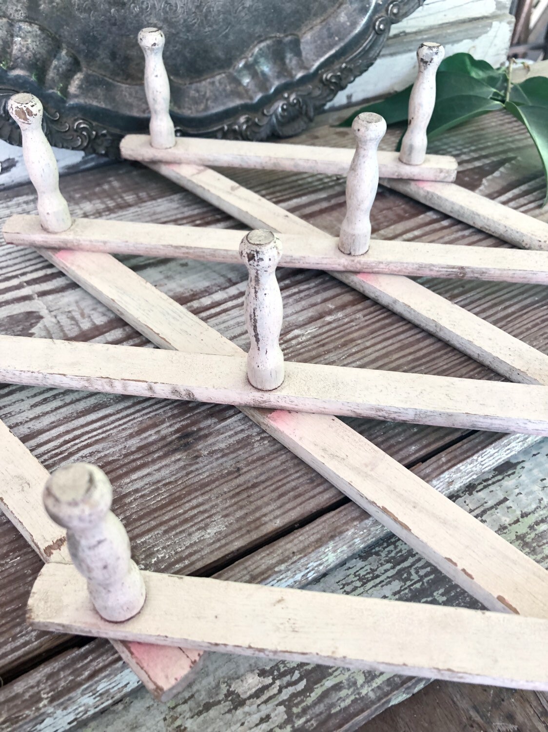 Vintage Accordion Hat Rack Hook Wood CHIPPY WHITE Industrial Salvage