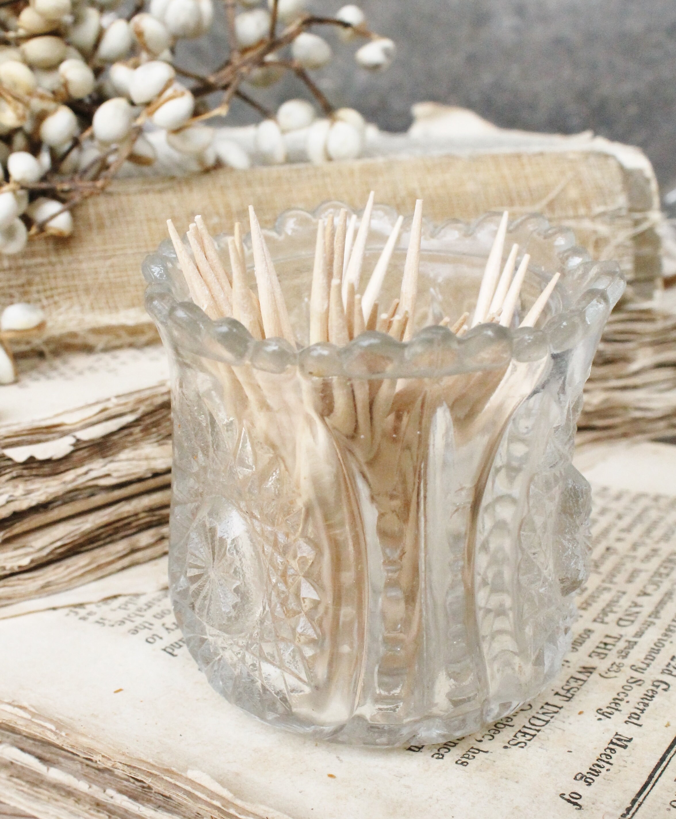 Antique Cut Glass Toothpick Holder Scallop French Country Farmhouse Decor