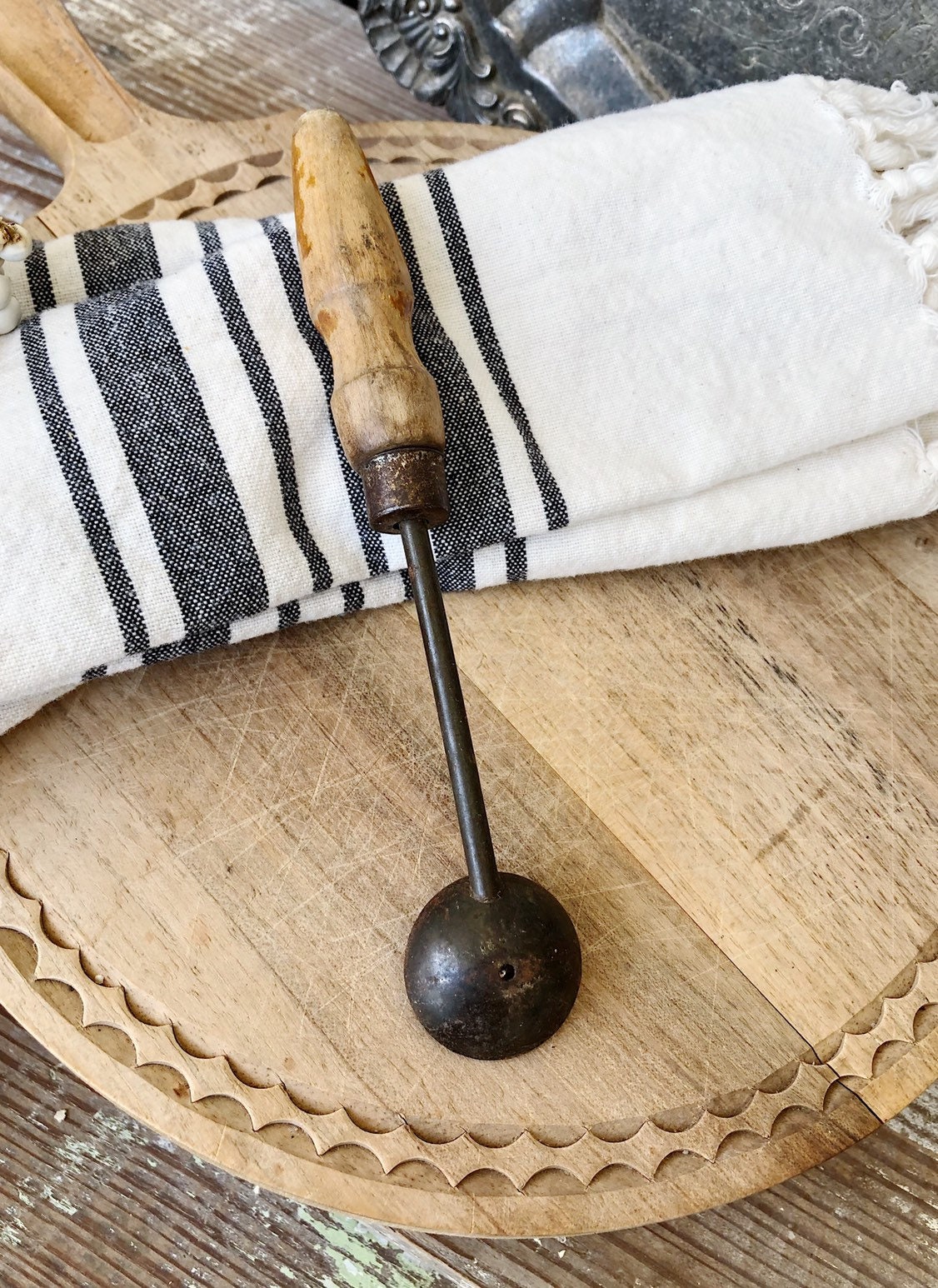 Vintage Melon Baller Metal Wood Scoop Measuring Scoop Farmhouse Decor