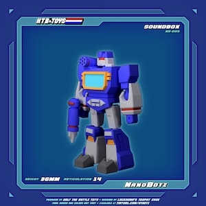 May include: A blue and grey robot action figure with a yellow-bordered chest screen, a shoulder-mounted cannon, and a handheld weapon. The packaging text reads H.T.B. TOYS, SOUNDBOX NB-005, NANOBOTZ, HEIGHT 36MM, ARTICULATION 14, and HALF THE BATTLE TOYS.