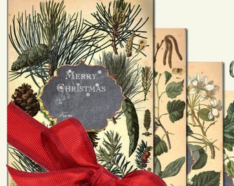 Printable Christmas Tags Chalkboard Digital Vintage Nature Gift Tags & Traditional Winter Botanical Prints Instant Collage Download