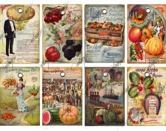Digital Collage Sheet  Printable Vintage Fruit and Veggie Seed Pack Gift Tags