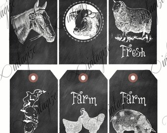6 Printable Farmhouse Fresh Chalkboard Gift Tags- Sheep, Pig,Cow, Chickens, Horse, Etc. -Original Collage Sheet INSTANT DIGITAL DOWNLOAD