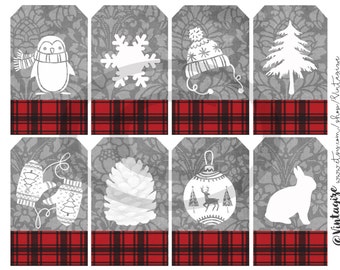 Digital Christmas Gift Tags Printable Buffalo Plaid Flannel Natural MODERN Winter Designs INSTANT  DOWNLOAD Hostess Gift Collage Sheet