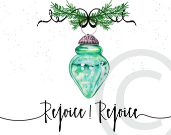 Christmas Digital Printable Shabby Chic Teal Green Glass Ornament Watercolor Print for Cards, Framing, Tags Christian Religious Download