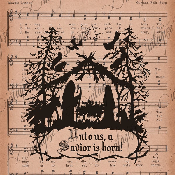 Christmas Printable Religious Rustic Primitive Nativity on Away in a Manger Sheet Music - Original INSTANT DIGITAL DOWNLOAD