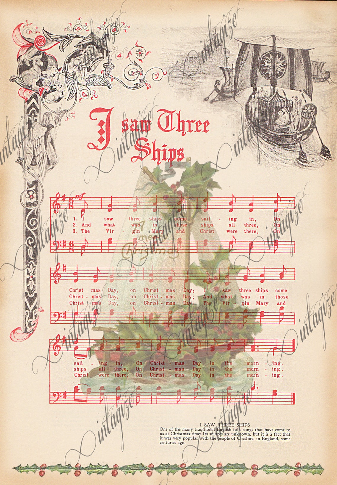 I Saw Three Ships Printable Vintage Christmas Sheet Musicinstant DIGITAL DOWNLOAD Etsy