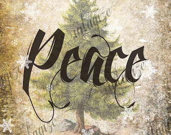 Winter DIGITAL Paper DOWNLOAD Peace Rustic Woodsy Vintage Christmas Printable with Snowflakes - Art  for cards, tags, framing, fabric