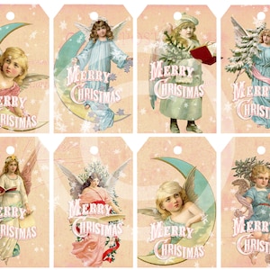 Religious Christmas Printable Gift Tags Shabby Chic Pink Vintage Victorian Angels on Vintage Postcard Digital INSTANT DOWNLOAD