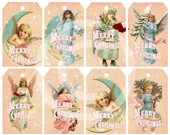 Religious Christmas Printable Gift Tags Shabby Chic Pink Vintage Victorian Angels on Vintage Postcard Digital INSTANT DOWNLOAD