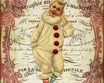 Original Print French Circus  Pierrot Clown Boy Ready for Framing, Quilt Making, Invitations, Etc  INSTANT DIGITAL DOWNLOAD