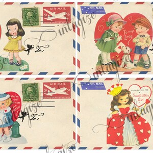 INSTANT Digital 4 Télécharger différents imprimable vintage Retro Saint Valentin cartes Air courrier enveloppes avec nous cachets.  Princesse, agent, etc.