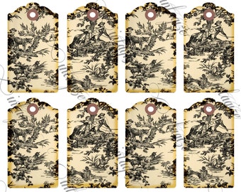 INSTANT DIGITAL DOWNLOAD Printable Vintage French Black & Cream Country Life Toile Gift Tags, Scrapbooking,Cards, Etc-Digital Collage Sheet