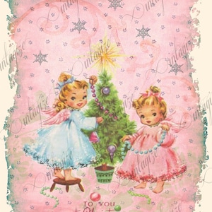 Weihnachtsengel Printable Vintage Shabby Chic PINK Weihnachtsengel Druck zum Einrahmen, Basteln, Karten, Tags, Sofortiger Download