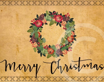 Digital Prim Christmas Printable Rustic Country Primitive IVORY Fabric with Fruit Wreath and Cross Stitch Print for Cards, Tags, Crafts