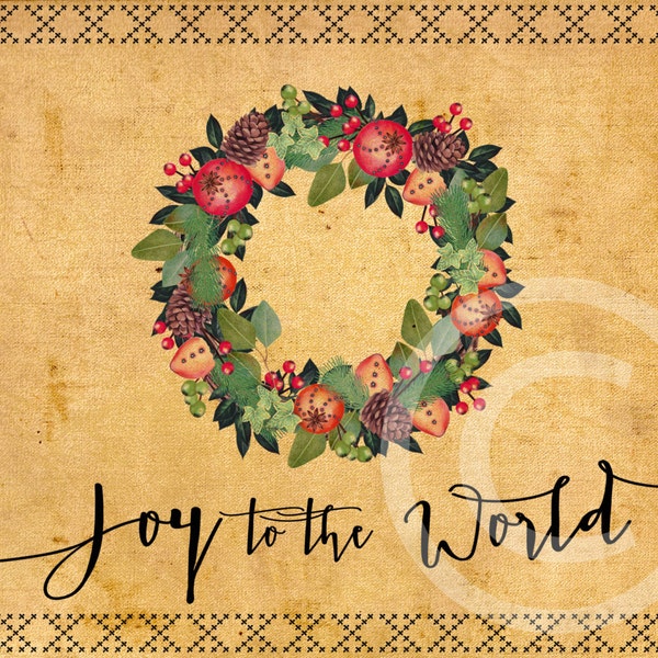 Joy to the World Christmas Printable Vintage Traditional Rustic Country Prim Card with Fruit Wreath and Cross Stitch for Cards, Tags, Crafts