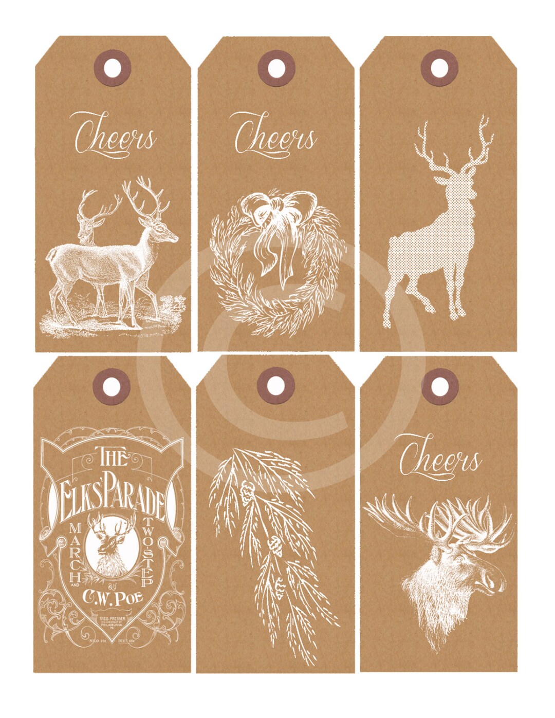Printable Holiday Gift Tags Kraft Paper Masculine Winter Reindeer Elk Moose Tags Cheers Digital ...