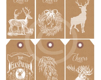 Druckbare Holiday Gift Tags Kraft maskulin Winter Rentier Elch Moose Tags Cheers digitale Collage Blatt Papier sofort DIGITAL-DOWNLOAD
